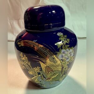 Elegant Blue and Gold Decorative Jar